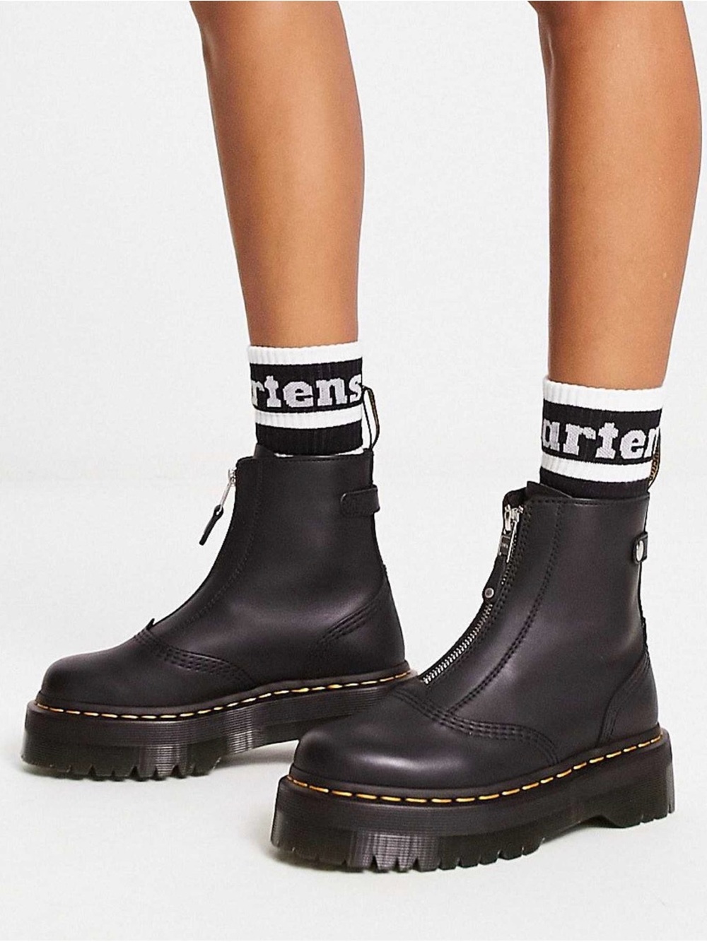 Dr. Martens Black Leather Front-Zip Platform Combat Boots